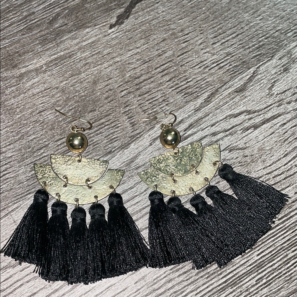 Elegant Black and Gold Tassel Earrings